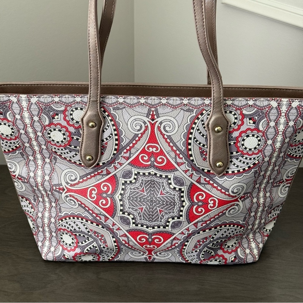 David Jones Stylish Red and Gray Patterned Tote Bag